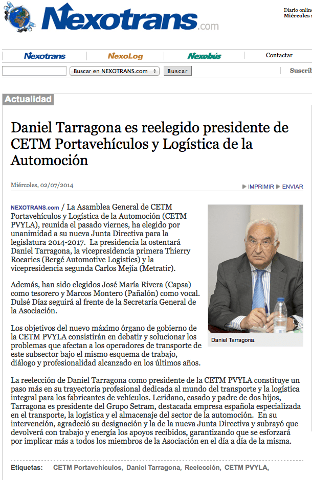 Daniel Tarragona renueva presidencia CETM Portavehículos