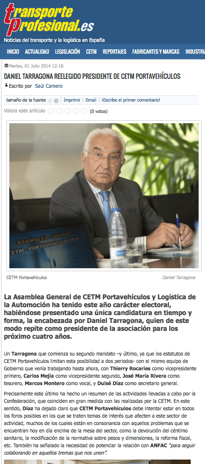 Daniel Tarragona renueva presidencia CETM Portavehículos