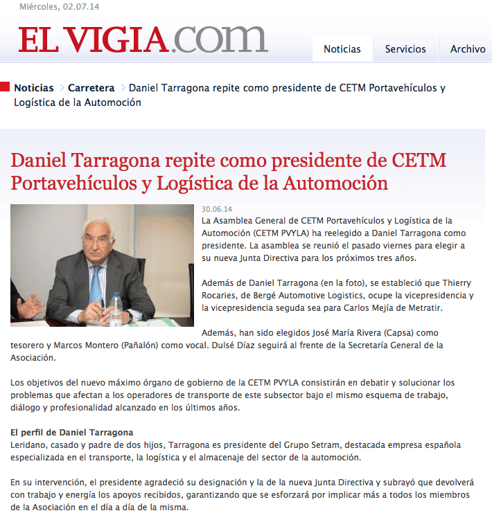 Daniel Tarragona renueva presidencia CETM Portavehículos