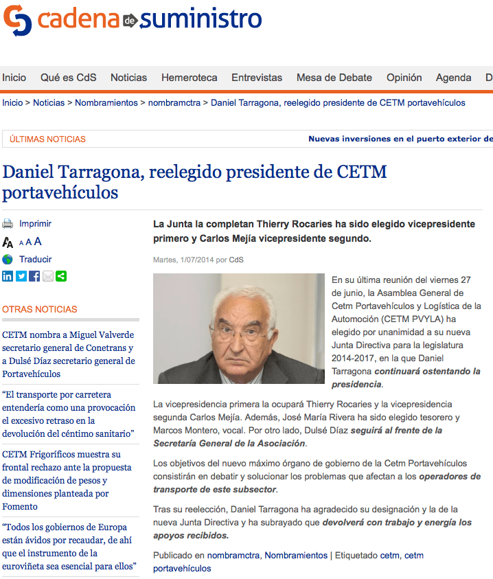 Daniel Tarragona renueva presidencia CETM Portavehículos