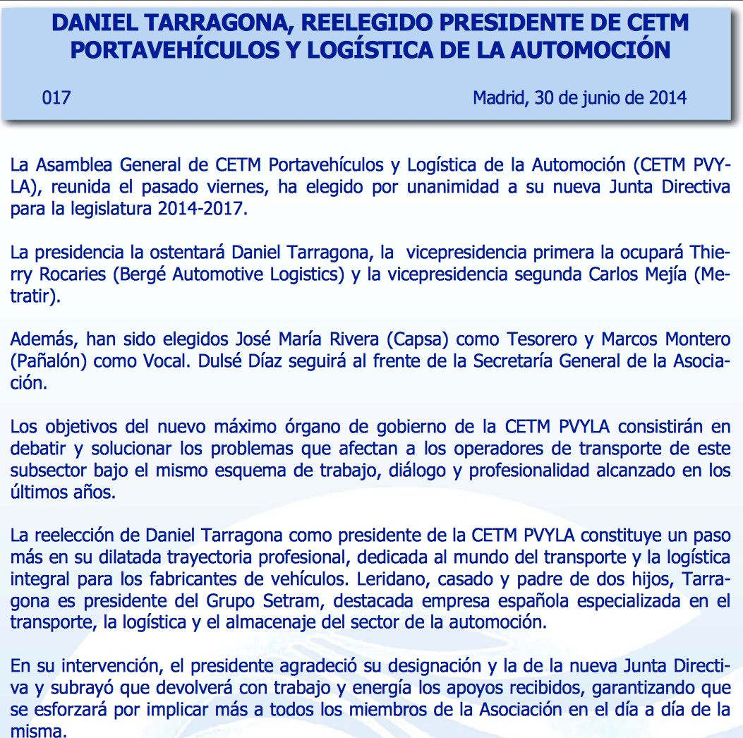 Daniel Tarragona renueva presidencia CETM Portavehículos