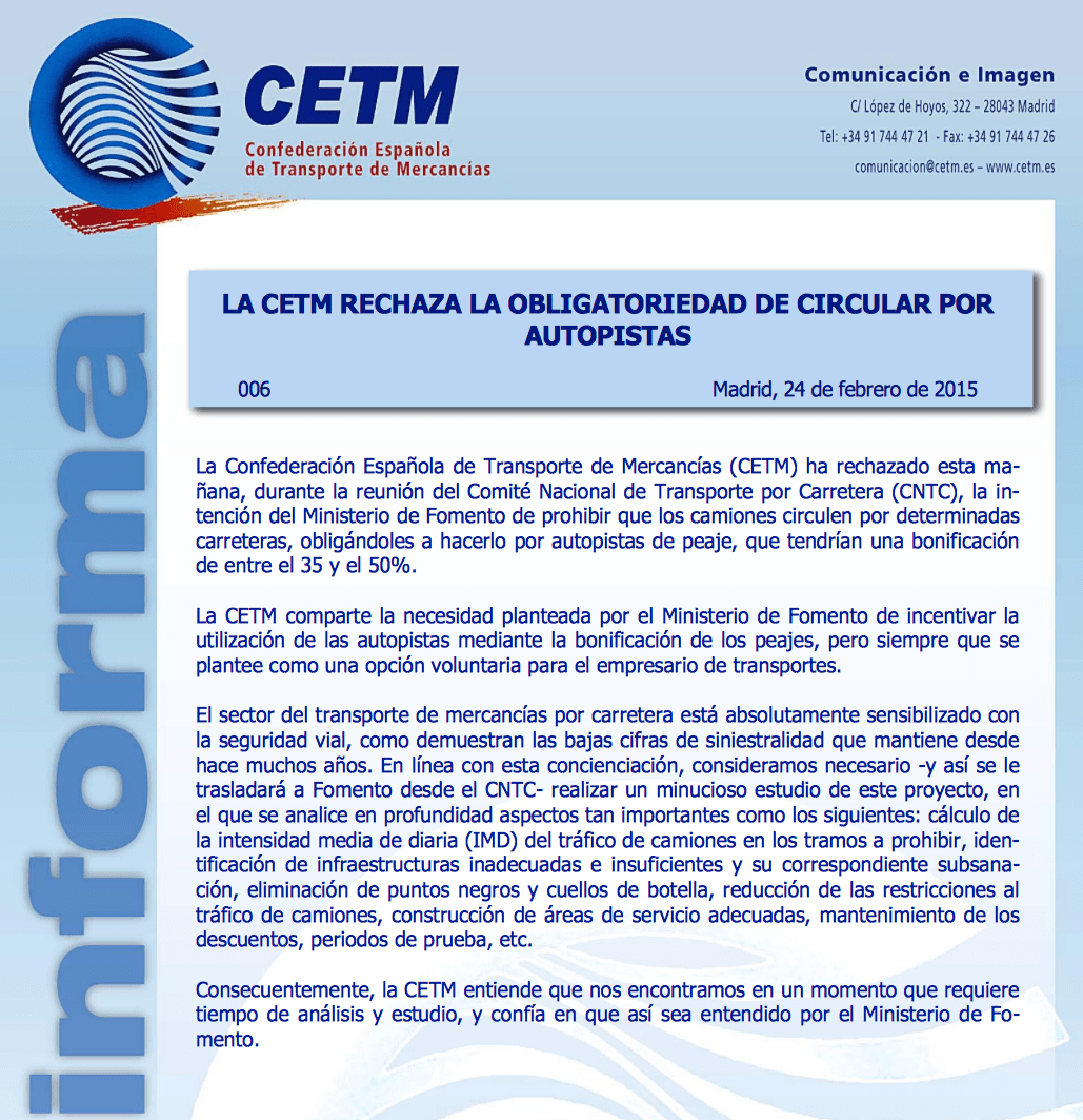 CETM rechaza obligatoriedad conducir por autopistas de peaje.