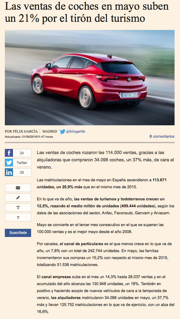ventas coches en mayo 2016 turismos ANFAC