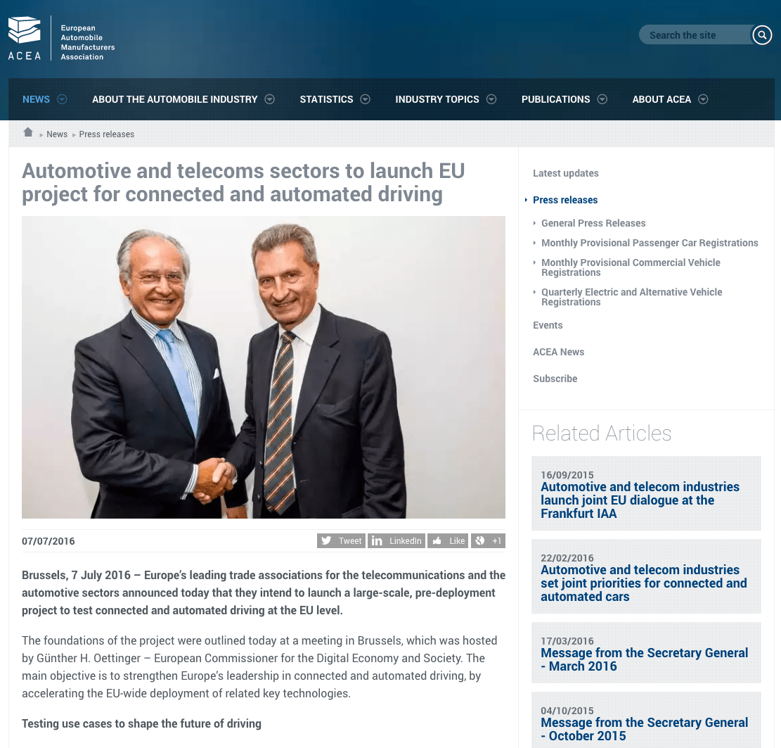 Automotive and telecoms sectors to launch EU project for connected and automated driving
